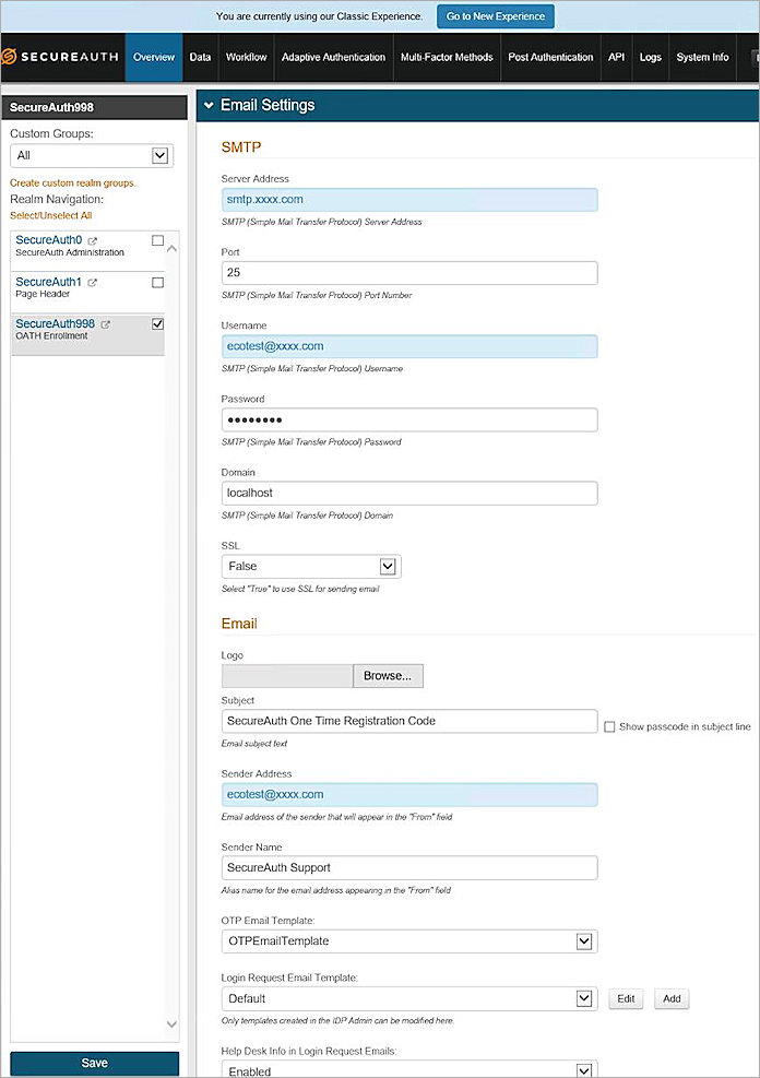 Screenshot of the SecureAuth Email Settings dialog box